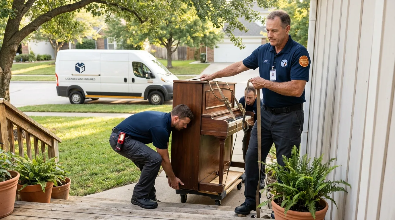 Licensed piano movers securing grand piano in Cabot, AR