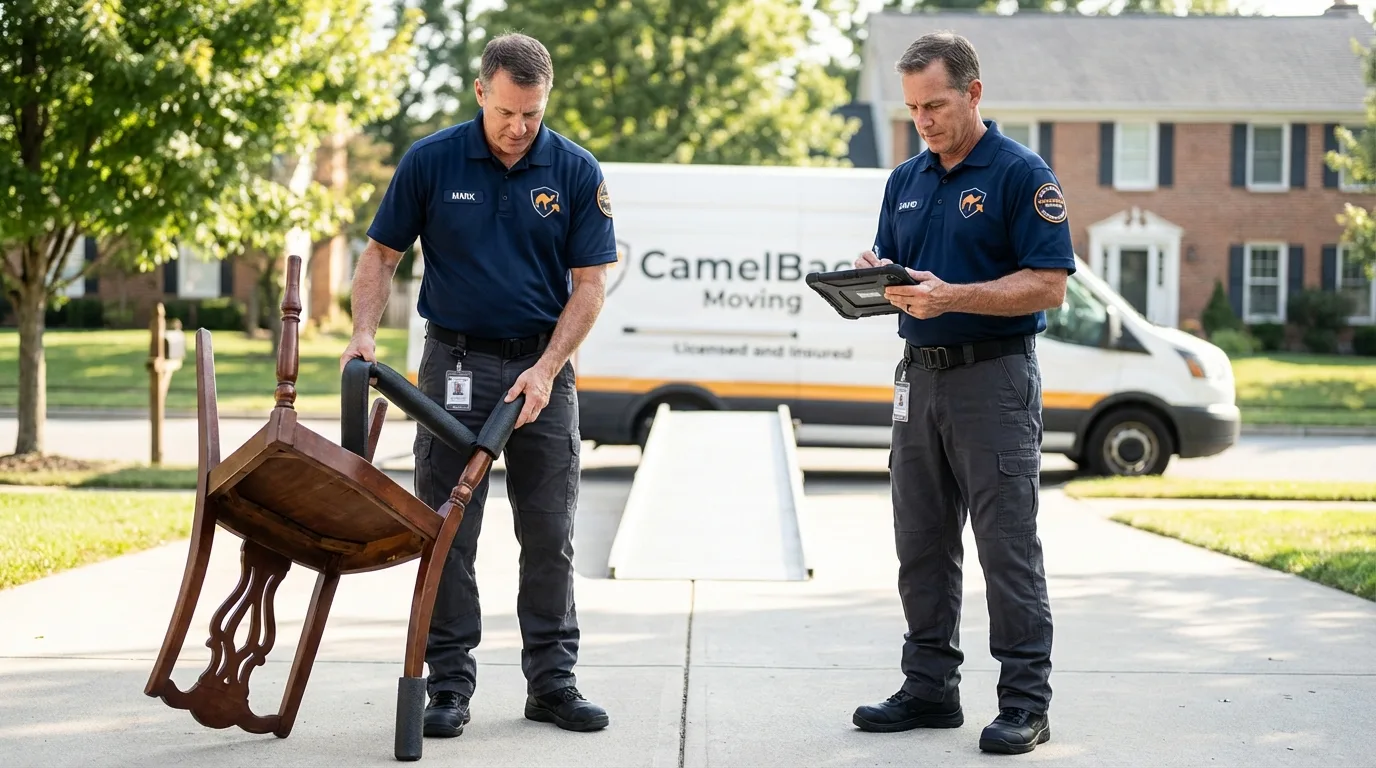 Movers inspecting furniture for damage prevention before loading in Cabot, AR