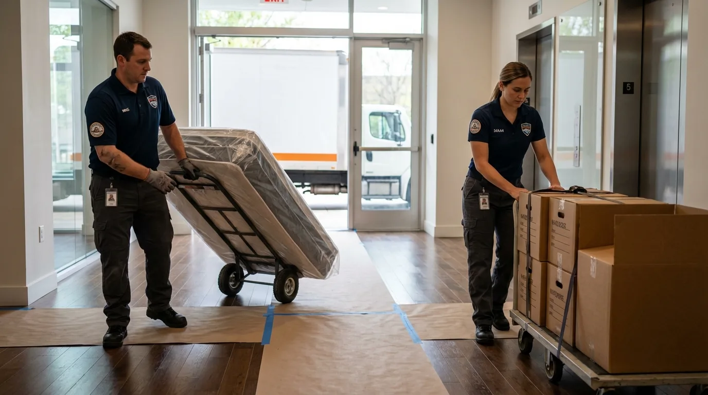Professional apartment movers loading elevator in Cabot, AR